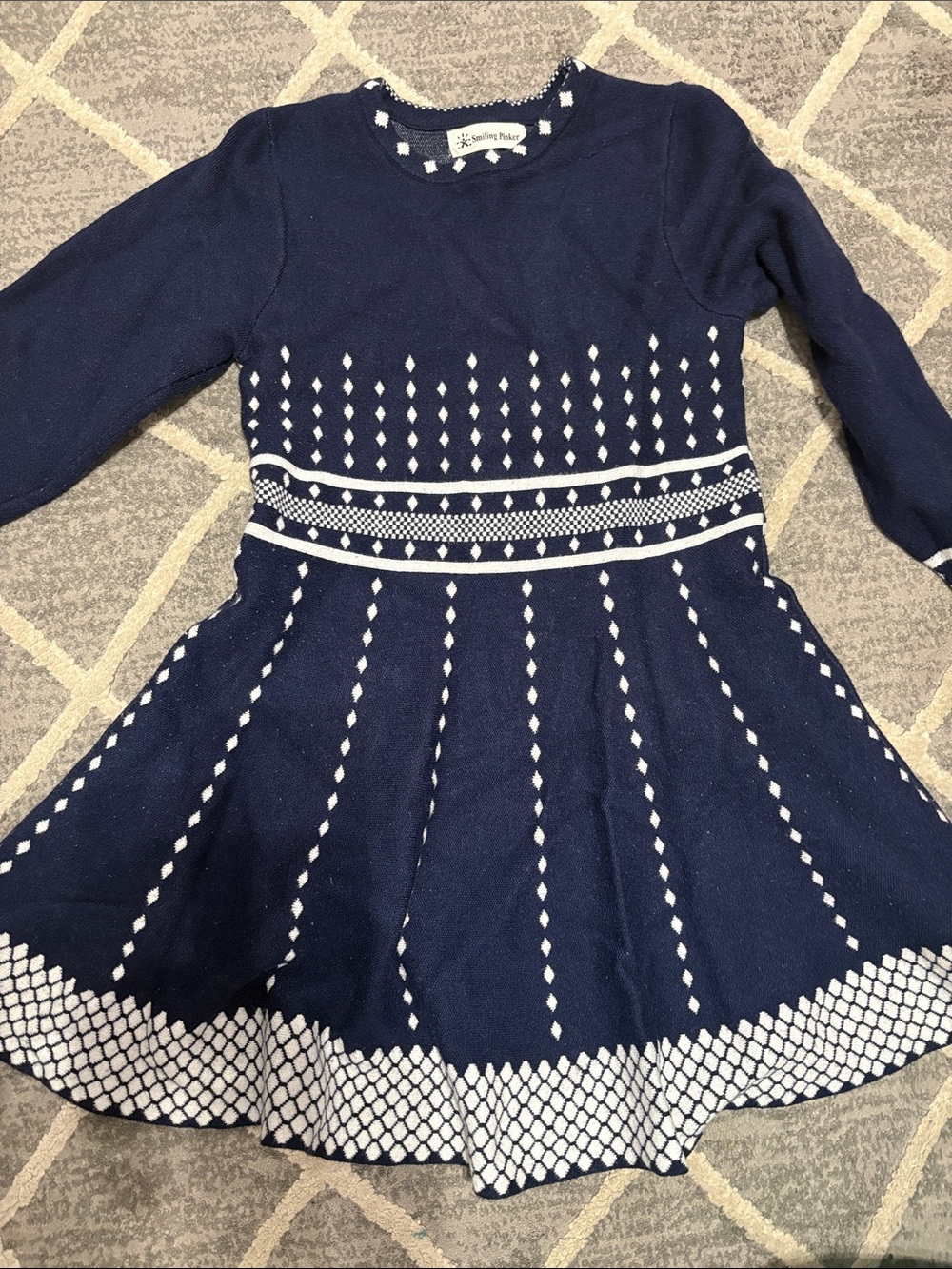 Stunning Navy Knit Fit-and-Flare Dress with White Diamond Detail